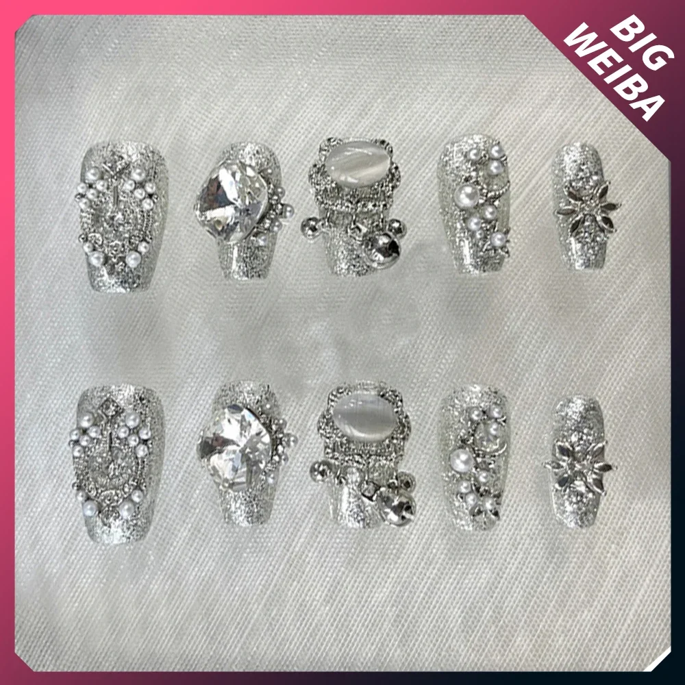 10 ชิ้น Diy Luxury Court เงา Rhinestone Handmade กดบนเล็บยาวโลงศพสั้นสแควร์ Reusable ฝาครอบเล็บ