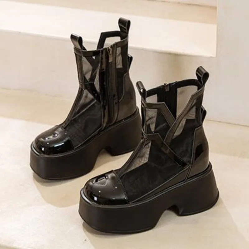11cm 2026 Air Mesh Genuine Leather Synthetic Breathable Platform Chimney Hollow Fashion Summer Mid Calf Ankle Boots Women Shoes