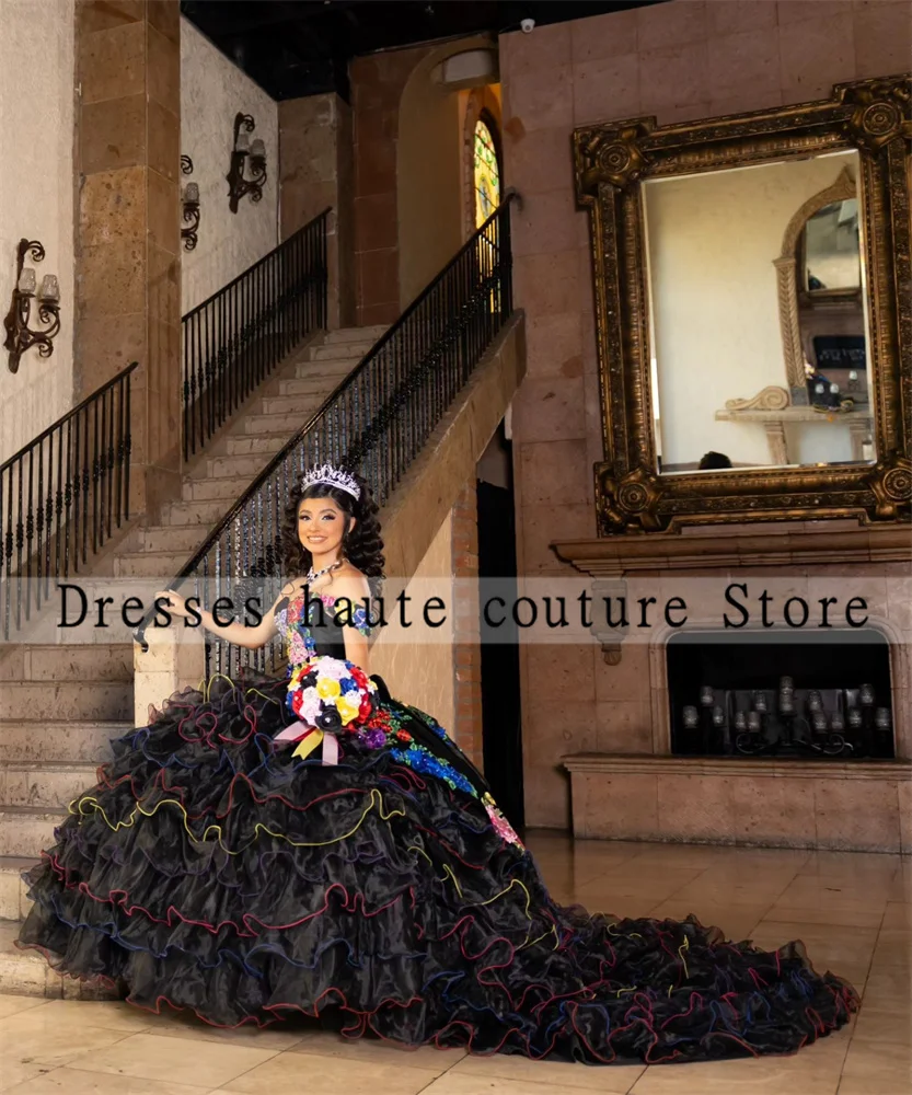 Mexico Black Tulle Quinceanera Dresses 2024 Sweet 16 Dress Flowers Embroidery  Sweet 16 Birthday Party Dress Vestidos De 15 Años