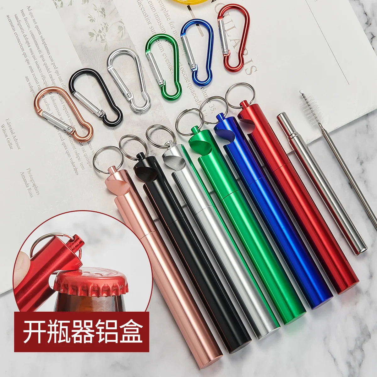 

100 pcs/lot Stainless Steel Folding Collapsible Drinking Straw Kit Pocket Reusable Telescopic Metal Straw with Bottle Opener