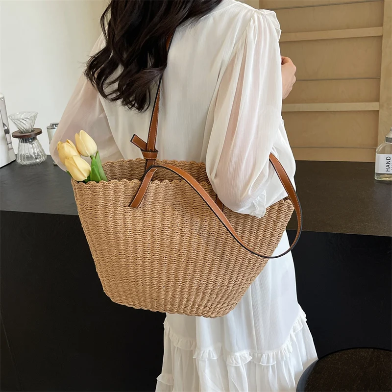 Sac de plage en paille ingent, vintage, tissé à la main, initié, sacs en raphia rotin, bohème, été, grande capacité, panier shopper