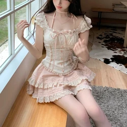 Japanese Kawaii 2 Piece Skirt Sets Women Casual Evening Party Clothing Vintage Lolita Suits Dress Female Chic Outwear Sweet