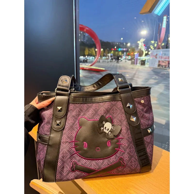 Sanrio Hello Kitty Vintage Patchwork Purple Armpit Bag Subculture Y2K Sweet Spicy Girl Handbag Gothic Trend Versatile Tote Bag