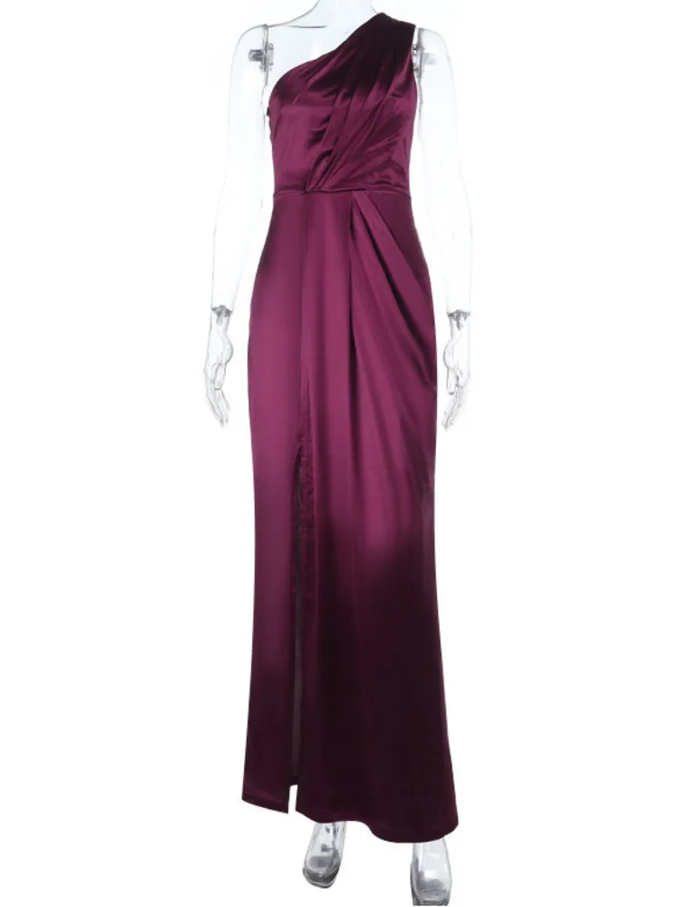 Articat sexy fenda vestido de cetim feminino 2025 novo elegante ruched vestido longo feminino outono festa clube vestido de noite bodycon vestidos