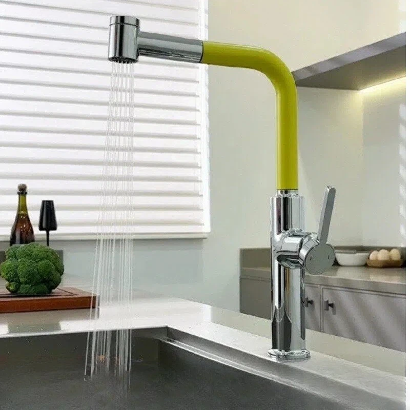 All Brass Pull-Out Hot & Cold Kitchen Faucet, Splash-Proof Mixer Tap for Sink & Vegetable Basin