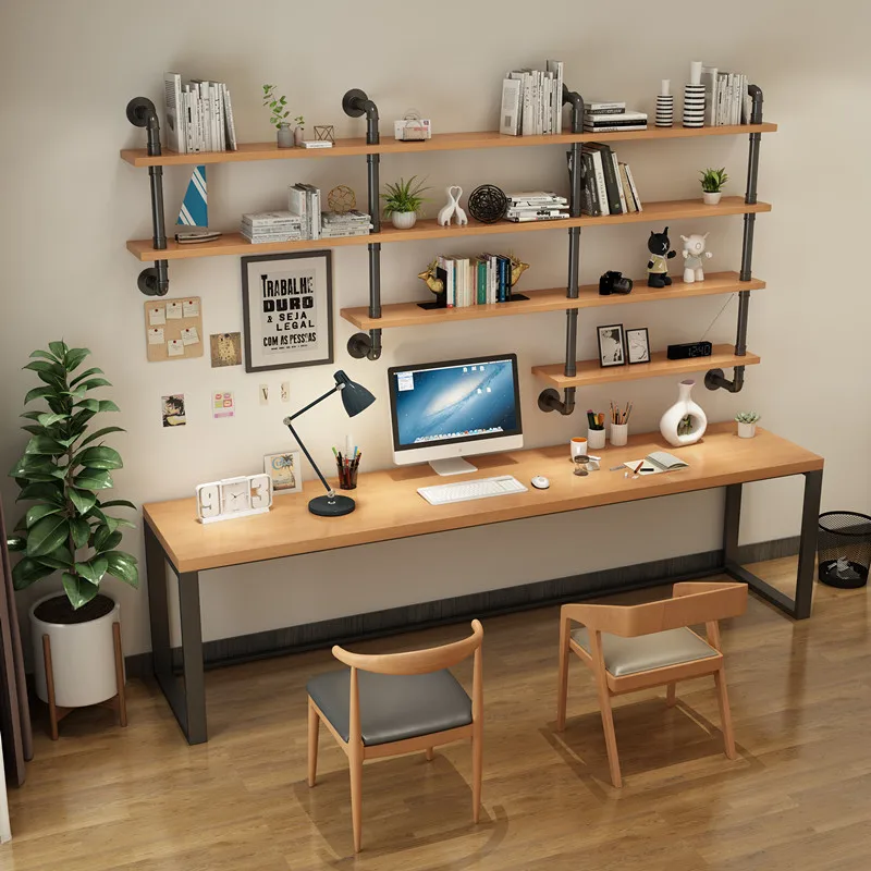 Loft water pipe desk bookshelf combination household solid wood industrial style writing learning double computer desk integrate