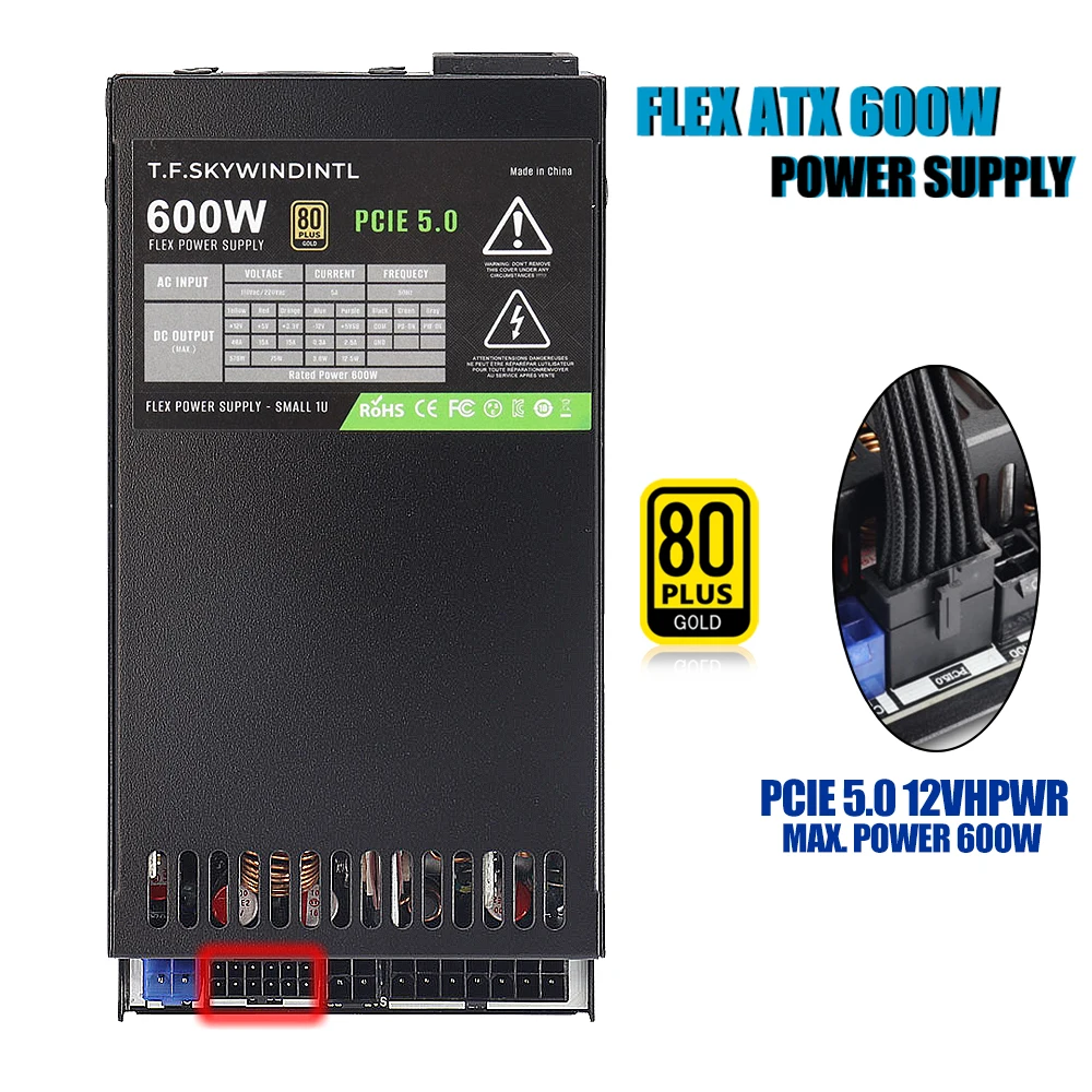 

600 Вт Flex ATX Блок питания PCIE 5.0 Кабель графического процессора 600 Вт 12VHPWR, модульный 80 PLUS Gold