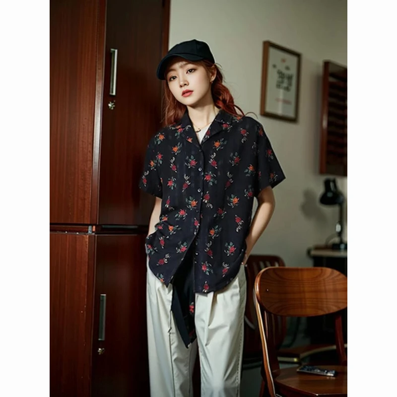 Vintage Printing Youth Shirt Tops Short Sleeve Polo Neck Loose High Street Blouse Women Clothing Fashion Casual Summer New Trend