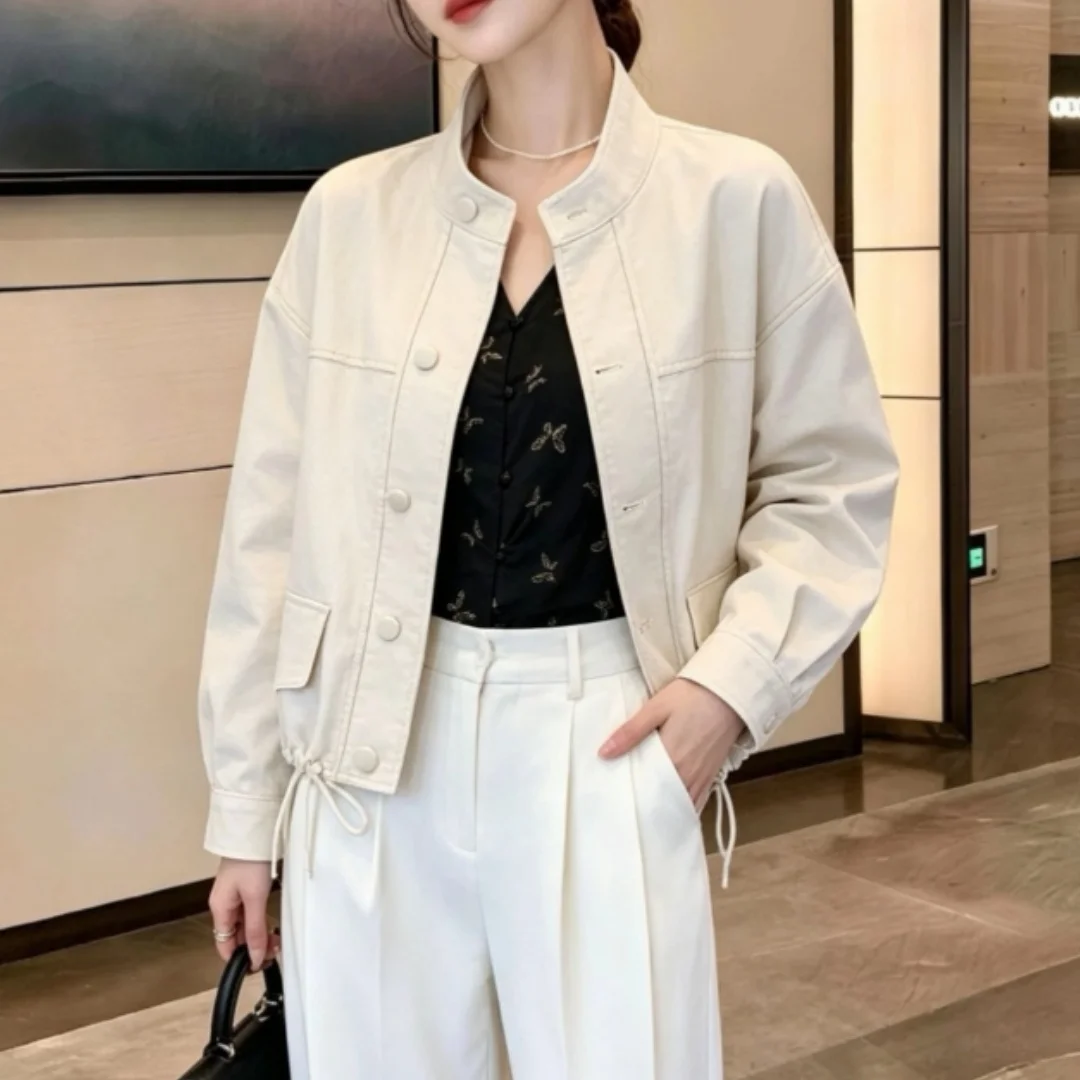 Damen Herbstjacke mit Stehkragen, kurze, dünne, elegante, schlichte Arbeitskleidung, lässiger Langarm-Crop-Top, lockerer Mantel, modisch, einfarbig – Detail 5