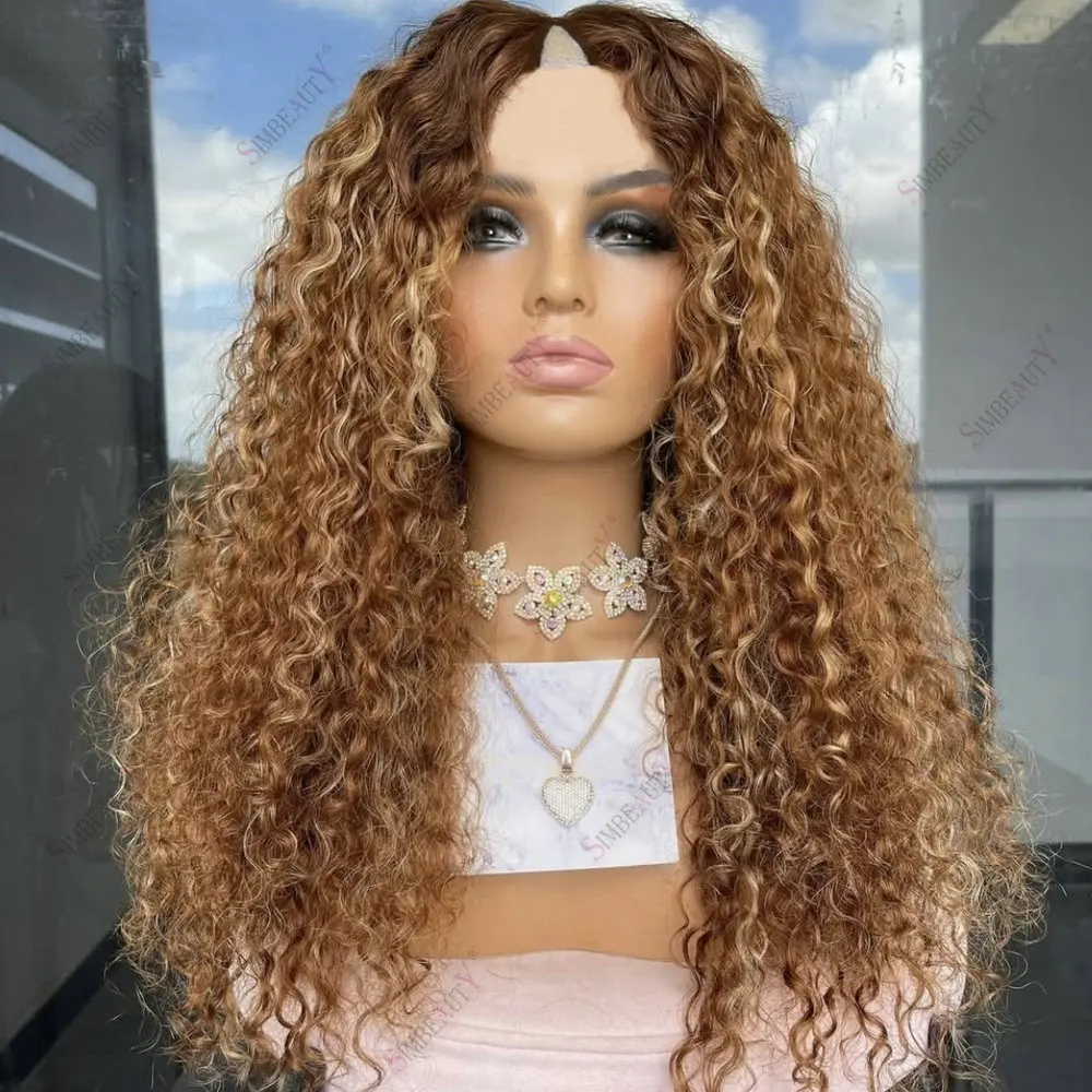 

Light Honey Brown Hightlight Kinky Curly V Part Wigs Human Hair Adjustable Glueless 1*4 Size U Part Wig Human Hair for Women