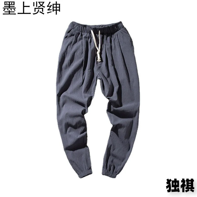 

Мужские хлопковые льняные брюки для бега, повседневные однотонные прямые свободные спортивные брюки с эластичной резинкой на талии, мужская одежда больших размеров