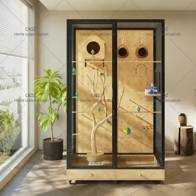 Large Panoramic Bird Cage for Parrots Solid Wood Ecological Villa Style Outdoor Aviary with Diamond Pattern Suitable for