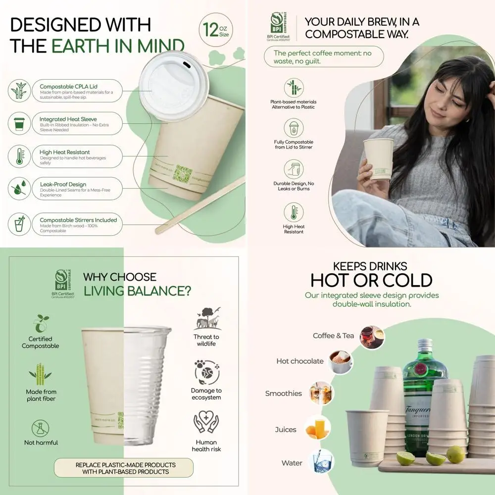 

100 Pack 12 oz Compostable Cups with Lids & Stirrers - Leak-Proof, BPA-Free, Plant-Based for Hot & Cold Beverages