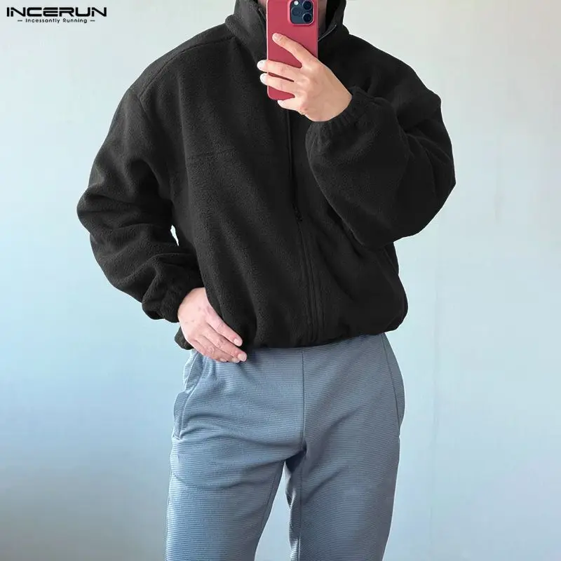 

INCERUN Men Jackets Solid Color Polar Fleece Lapel Long Sleeve Male Coats Streetwear Loose Fashion Casual Outerwear Men S-5XL