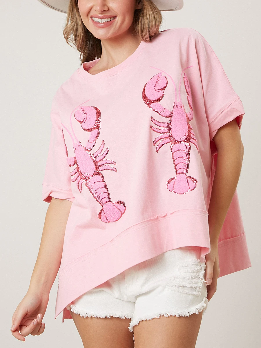 Women Sequin Crawfish Top Short Sleeve Sparkly Oversized Shirt High Low Hem Tshirts Summer Glitter Lobster Funny Tee Clubwear