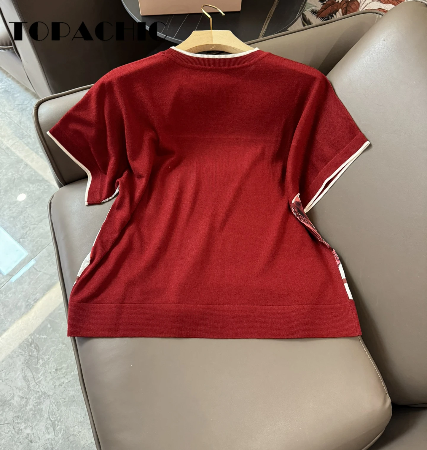 4.18 TOPACHIC Print Silk Spliced Wool Knit Short Sleeve T-Shirt Women Fashion Casual Loose O-Neck Pullover Knitwear Top