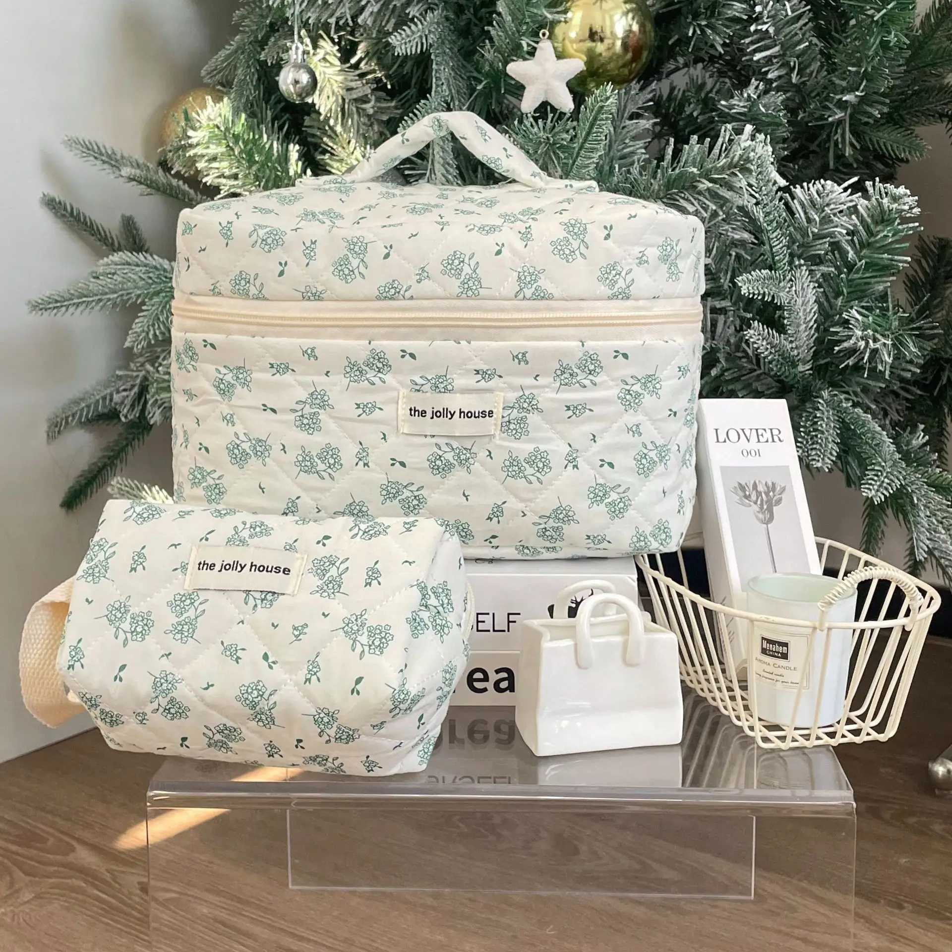 Portable quilted handbag storage bag for students, large-capacity toiletry bag, dark green star pattern makeup bag