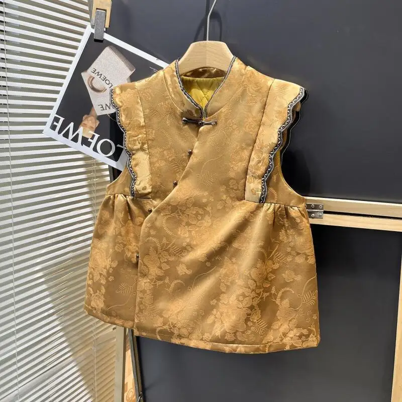 

Princess Chinese Style Tang Clothes Improved Qiapo Top Women Sleeveless Vest Tank Jacket Satin Shirt Autumn Warm Coat Big Size