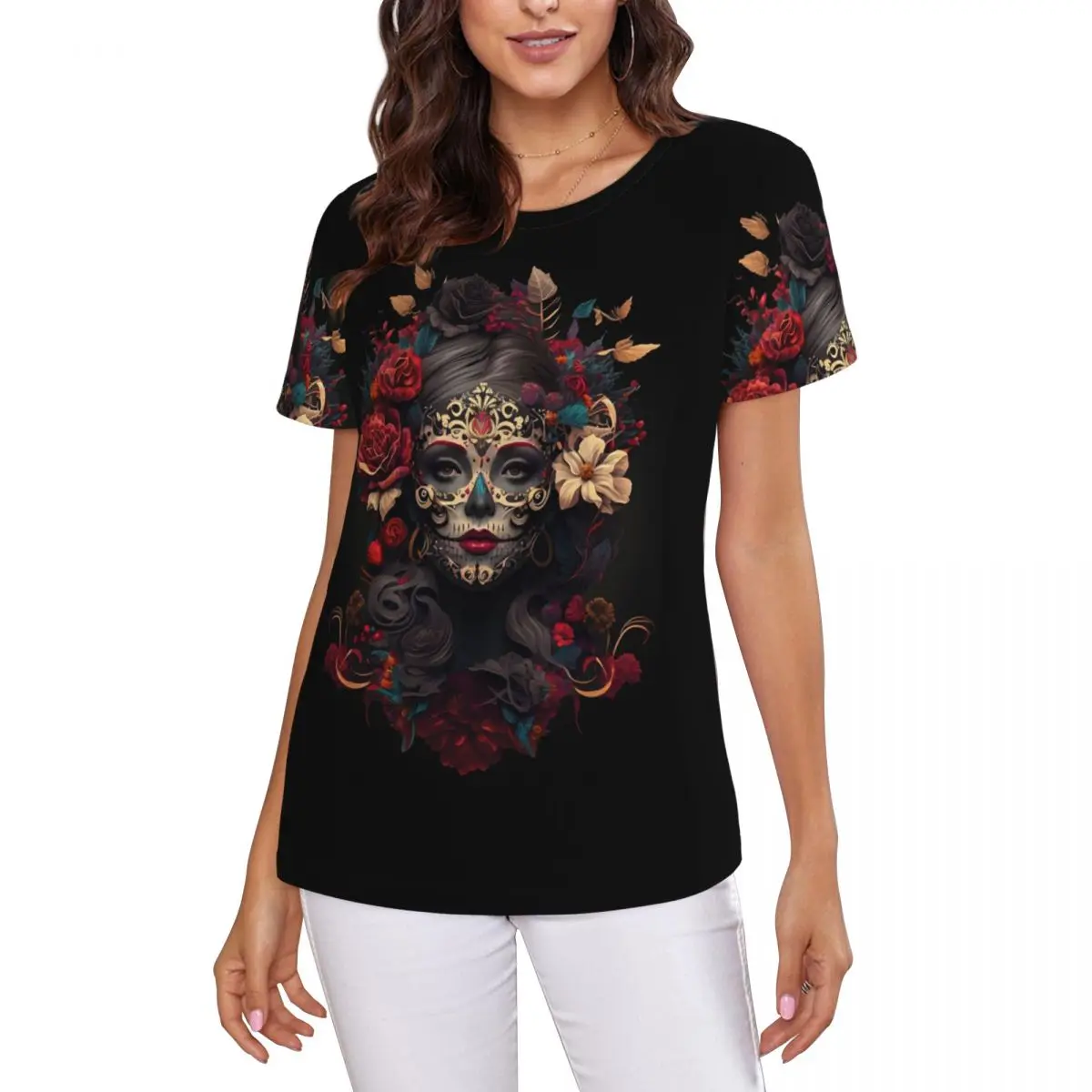Mexican Catrina Girl Day Of The Dead Sugar Skull T-Shirt Women Short Sleeve T Shirts O-Neck ClothesCotton Summer Tees Streetwear