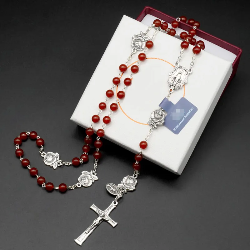 

Red Black Natural Agate Cross Pendant Necklace for Women Men Rosary Bracelet Our Lady Catholic Christianity Fashion Jewelry Gift