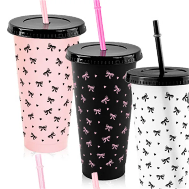 

24oz Cute Bowknot Plastic Cups With Straw Lid Portable Drinking Bottle Kawaii Water Bottle Tumbler For Ice Coffee Juice Tea