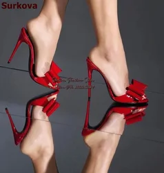 Surkova Hot Red Patent Leather Butterfly-Knot Modern Slippers Girl's Mirror Leather Bowtie Slip-On Mules Stiletto Heel Sandals