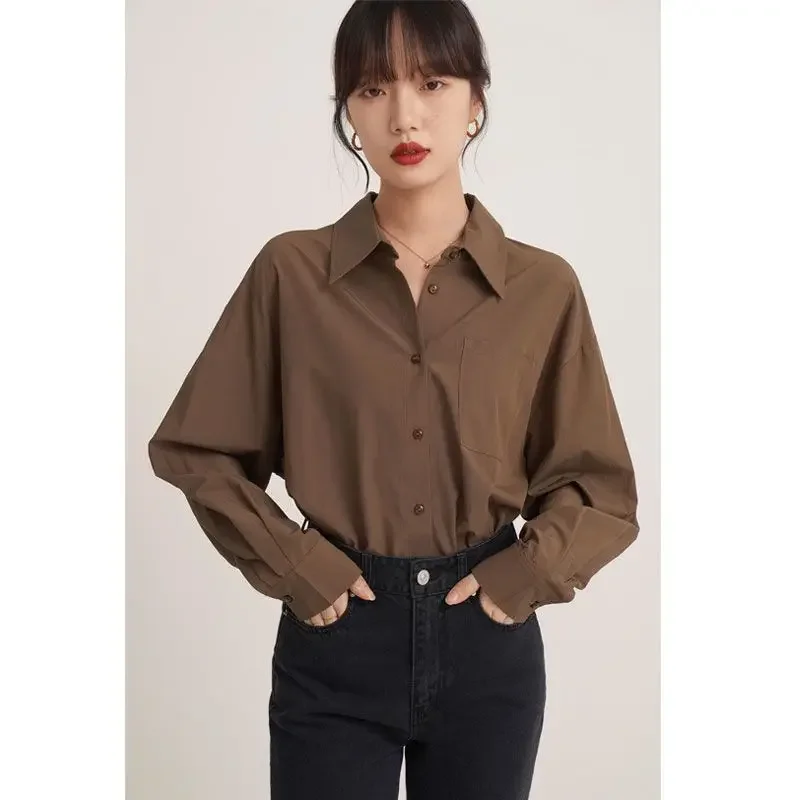 Vintage Brown Shirts Women Blouses Office Wear Long Sleeve Elegant Ladies Casual Korean Fashion Loose Autumn Shirts