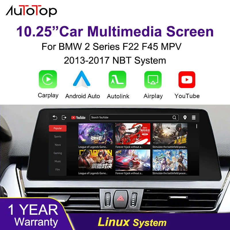 Image of AUTOTOP 10,25 Zoll Linux Auto-Multimedia-Display Kompatibel mit BMW 2er F22 F45 MPV NBT 2013-2017, Plug & Play Kabelloses CarPlay & Android Auto, Airplay Autolink YouTube-Video-Wiedergabe