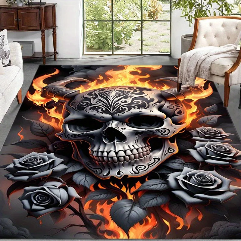 Flame Skull Rose Rock Style Flannel Rug Gothic Design Non-slip Floor Mat for Living Room Bedroom Gamer Room Decor Carpet