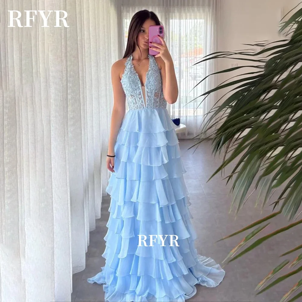 

RFYR Halter Party Dress Multilayers Evening Dress A Line Lace Prom Dress with Pleats فستان سهرة Customized