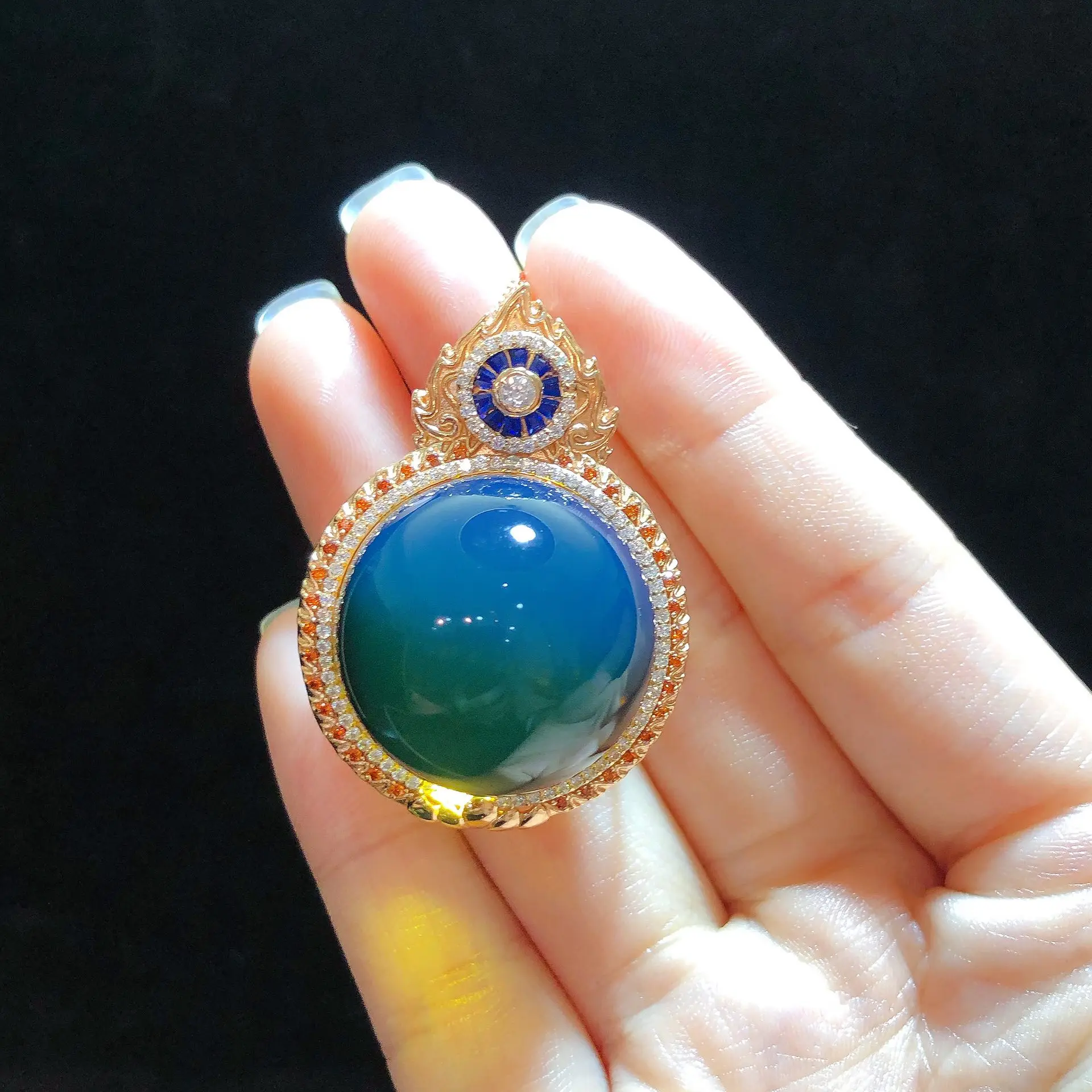 Handmade Floral Carving Silver Pendant with 23mm Mexican Blue Amber, Vintage Adjustable Luxury Necklace