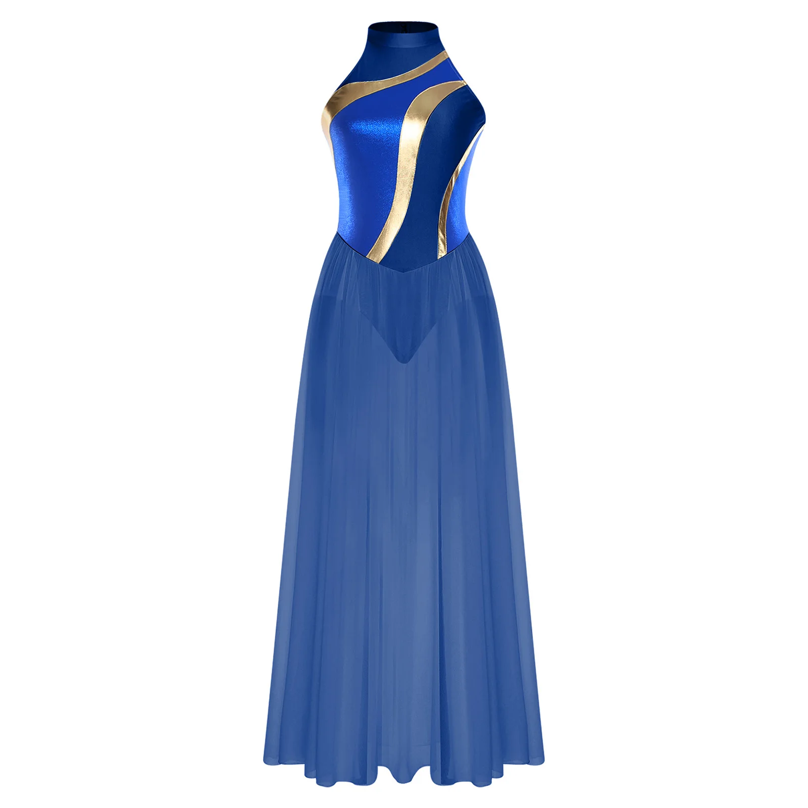 ‌ فستان رقص غنائي رشيق من الشيفون للنساء برقبة وهمية وأزرار ضغط بدون أكمام للعروض المعاصرة