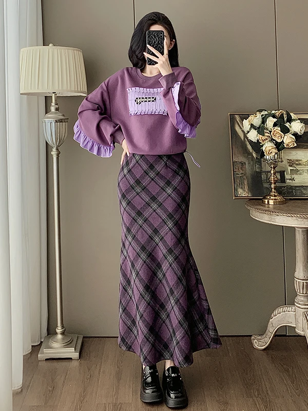 

Fall Fashion Purple Sweatshirt And Plaid Skirt Women's Anti-Aging Stylish Two-Piece Set round Neck Long Sleeve Casual Sp...