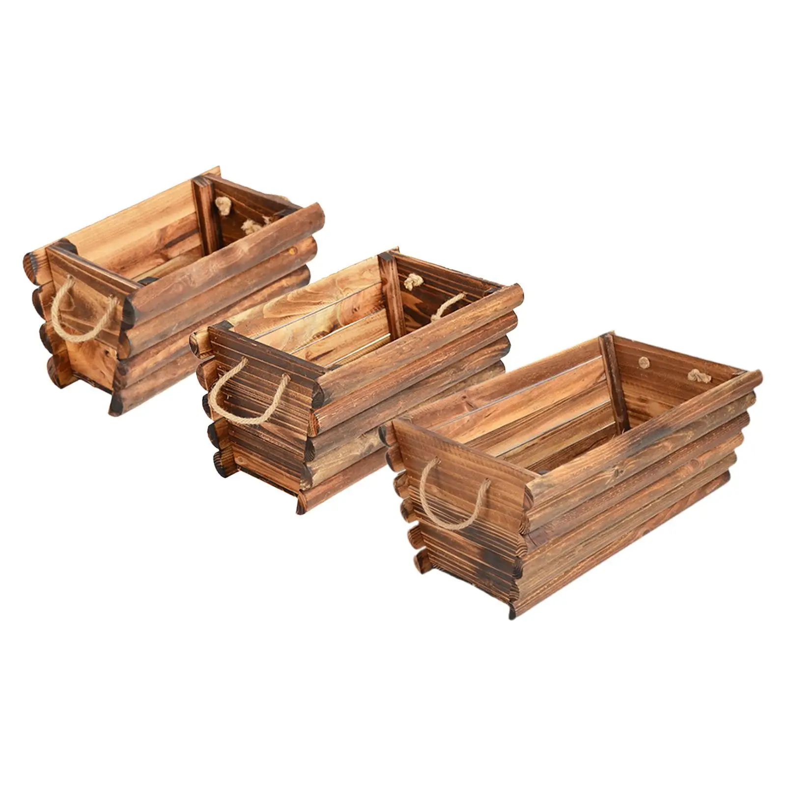 Wood Planter Box Flower Pot Accessory Decorative Multipurpose for Housewarming Present Handmade with Rope Handle Rectangular