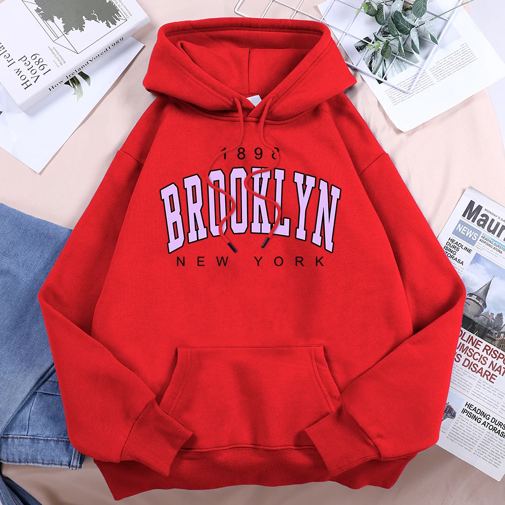 1898 Brooklyn New York Printing Tracksuit Women O-Neck Warm Fleece Hoodie Loose Casual Sweatshirts Classic Fashion Unisex Hooded