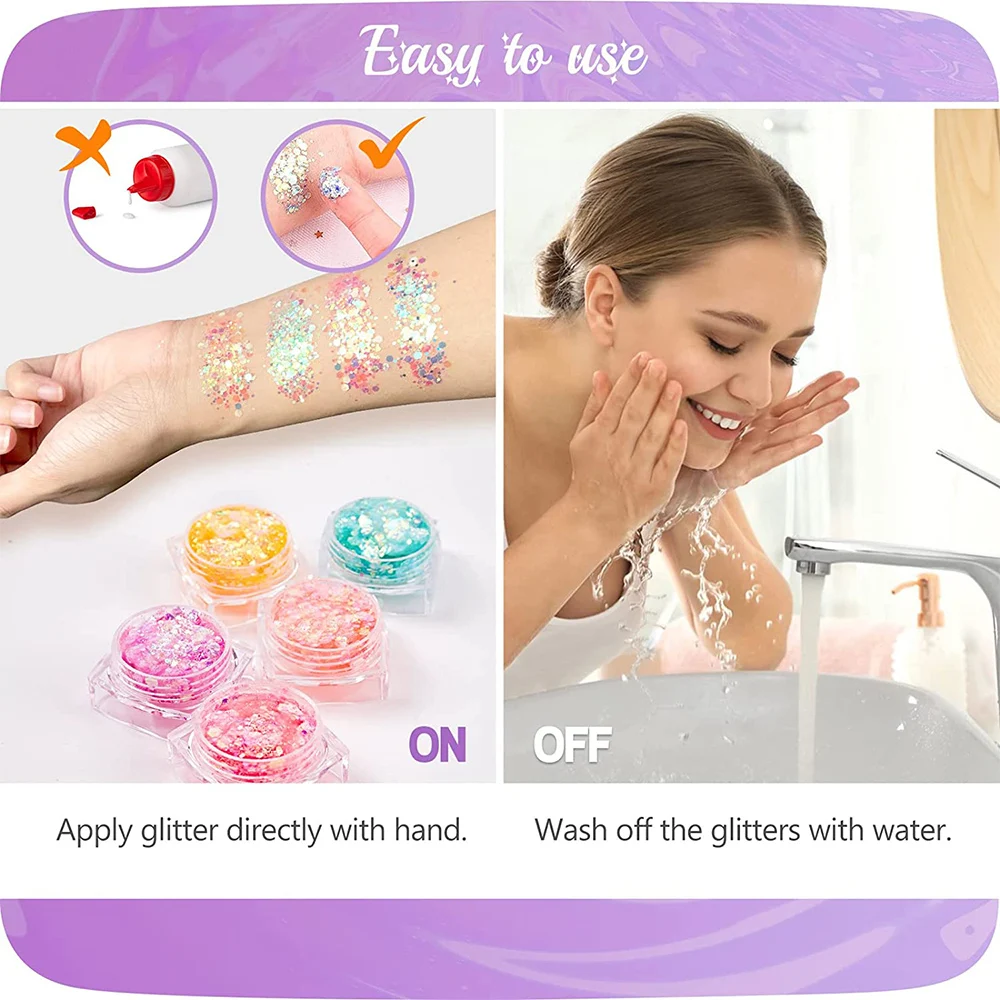 Eye Glitter Makeup Glow in The Dark Glitter Luminous Nail Face Hair Body Glitter Gel UV Holographic Face Chunky Glitter Festival