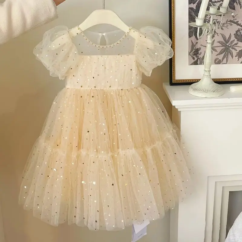 Korean Princess Dress Girls High-end Dress Summer Baby Girls Bubble Sleeve Mesh Sequin Dress 2025 New