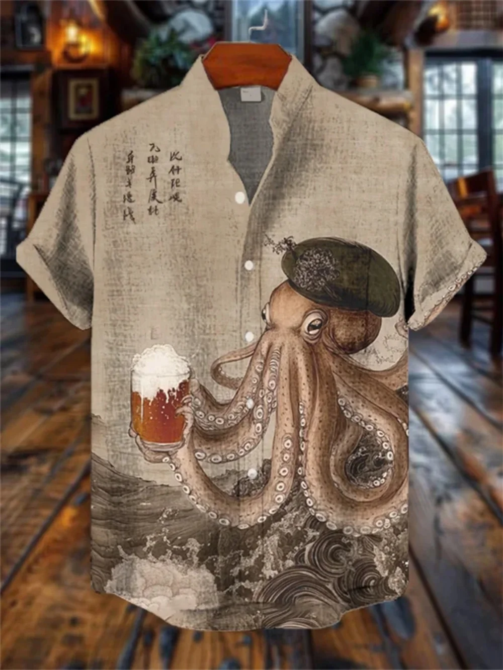 

Men's Octopus Captain Creative Pattern Printed Linen Shirt Short Sleeve Button-Up Fashionable Stand-up Collar Design Men's Wear