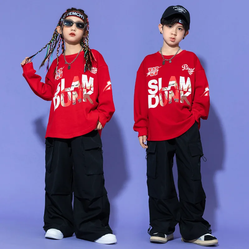 

Kid Hip Hop Clothing Red Letters Sweatshirt Top Black Casual Wide Parachute Cargo Pants for Girl Boy Jazz Dance Costumes Clothes