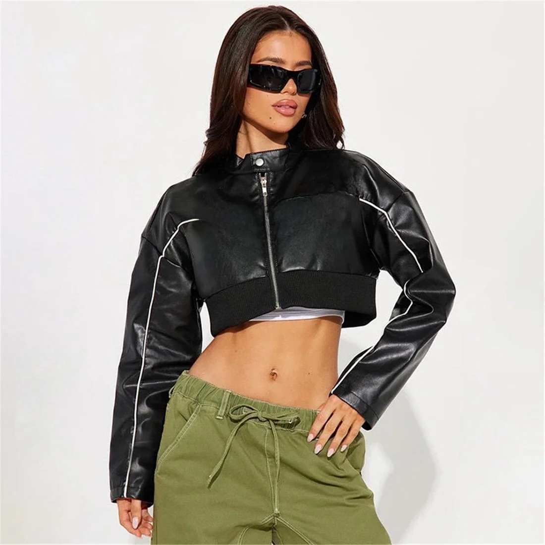 Moda impressa retalhos feminino fino ajuste curto jaqueta de couro com zíper casaco outono novo estilo europeu e americano