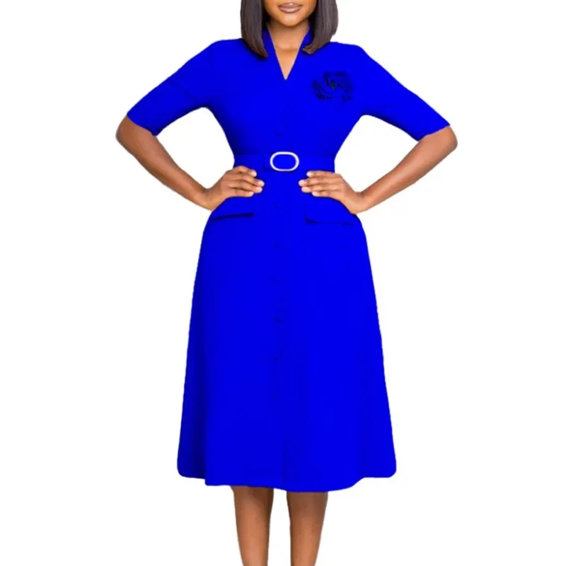 Plus Size Autumn New Style Commuter Solid V-Neck Button Paired With Belt Fashionable And Elegant Slim Fit Mid Length Dress