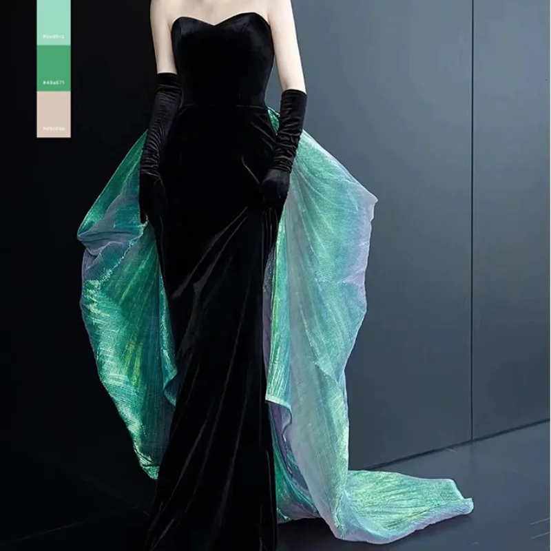 Customized Black Trumpet Evening Dress 2024 New Strapless Formal Robe Women Elegant Temperament Slim Waist Patchwork Bow Wedding