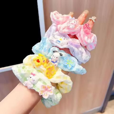 5Pcs/set Kawaii Hello Kitty Cherry Blossom Grid Hair Rope Fashion Cartoon Cinnamoroll Kuromi Sweet Girl Hair Accessories Gifts