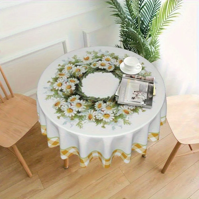 One round tablecloth - white daisy print with herringbone pattern, machine washable polyester materialxzj