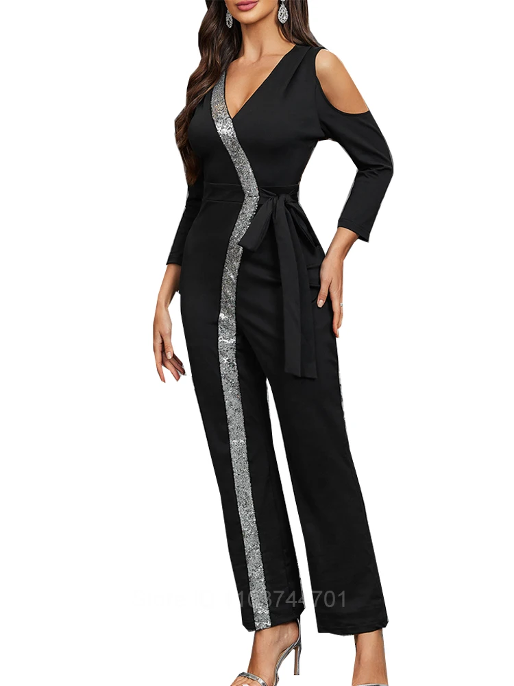 

Sexy Deep V Neck Sparkly Diamonds Design Jumpsuit Women Long Sleeve Draped Wide Leg Jumpsuit Elegant Evening Club Costume Runway