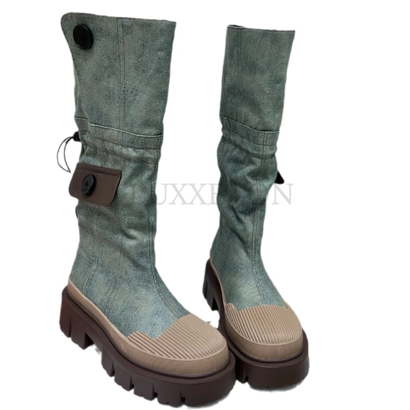 Mid Calf Denim Boots Women 2023 Autumn Retro Chunky Platform Long Boots Woman Slip on Thick  Heels  Cargo  Boots  Pocket  Decor