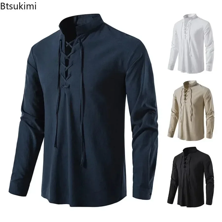 New Men\'s Casual Cotton Linen Shirt Medieval Renaissance Long Sleeve Stand Collar Shirt Retro Lace-up Cosplay Pirate Costume Top