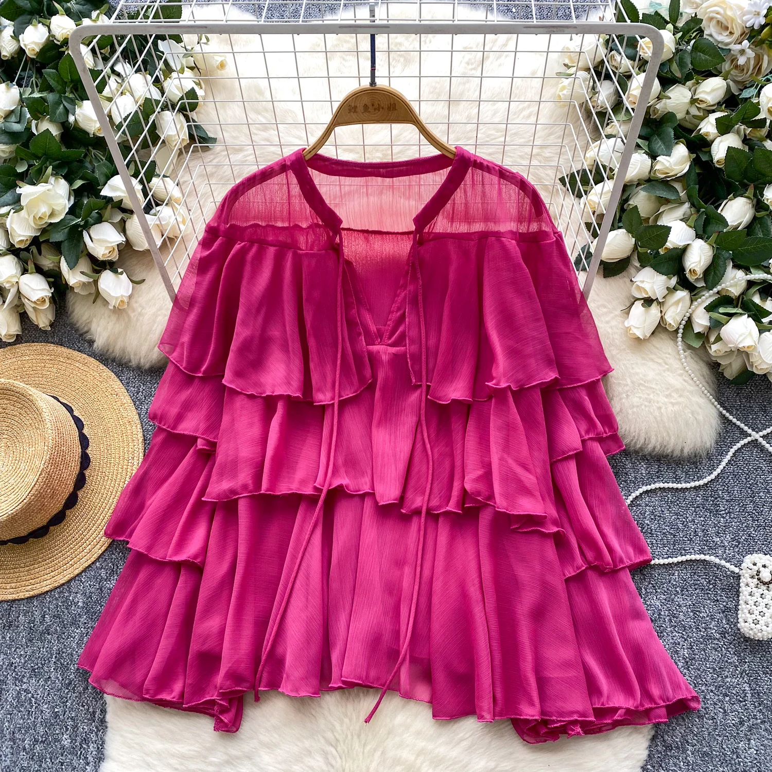 

Retro Mesh Shirt 2025 Autumn Causal Ruffled Edges Elegant Women Blouse