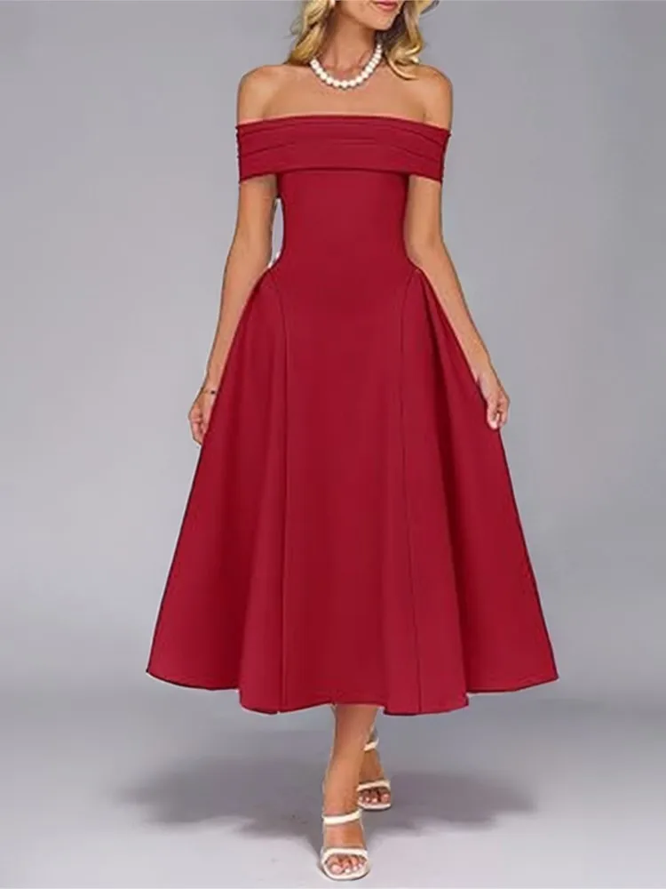

Spring Summer Sexy Chest Elegant Dress Women's Commuting Temperament One-line Collar Simple Solid Color High-waisted Long Skirt