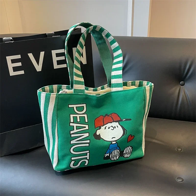 

Snoopy's New girl Canvas Shoulder Bag Cartoon Cute Handbag Color-Block Striped Letter storage Tote Bag